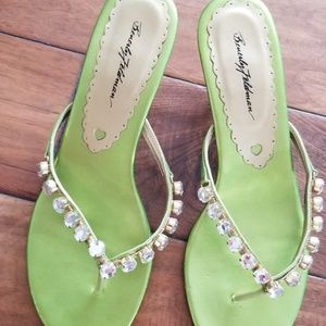 Women lime green sandals with jewels on top